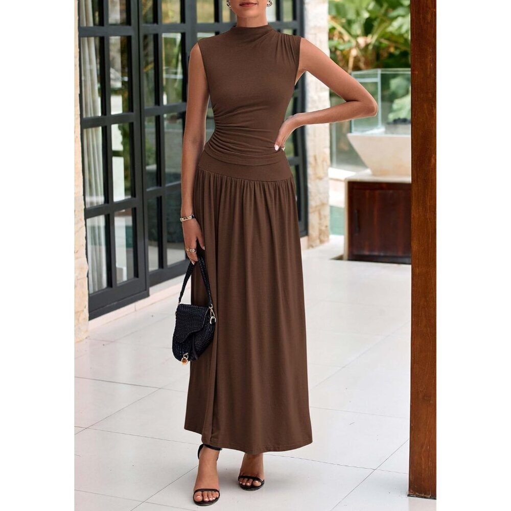 Women Skirt Sets Summer 2 Piece Ruffle Maxi Ruching Sleeveless Dressy Outfits - Picture 3 of 8
